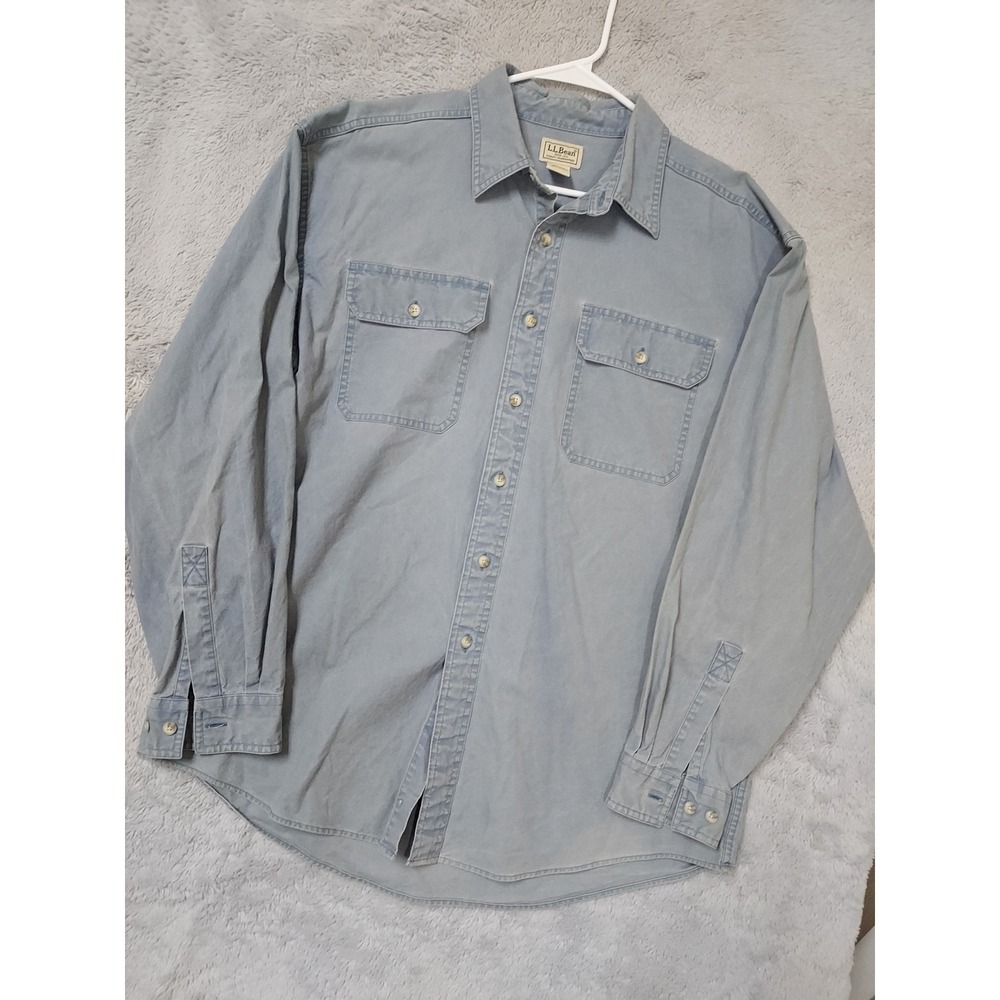 LL Bean Shirt Mens Large Sunwashed Canvas Heavy Fade Blue Outdoor Workwear Y2K